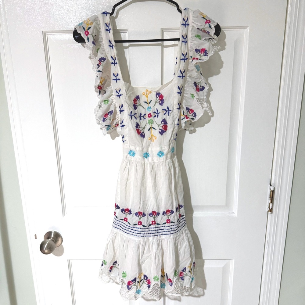 CeliaB White Embroidered Floral Ruffle Mini Dress XS Square Neck Open Back Boho